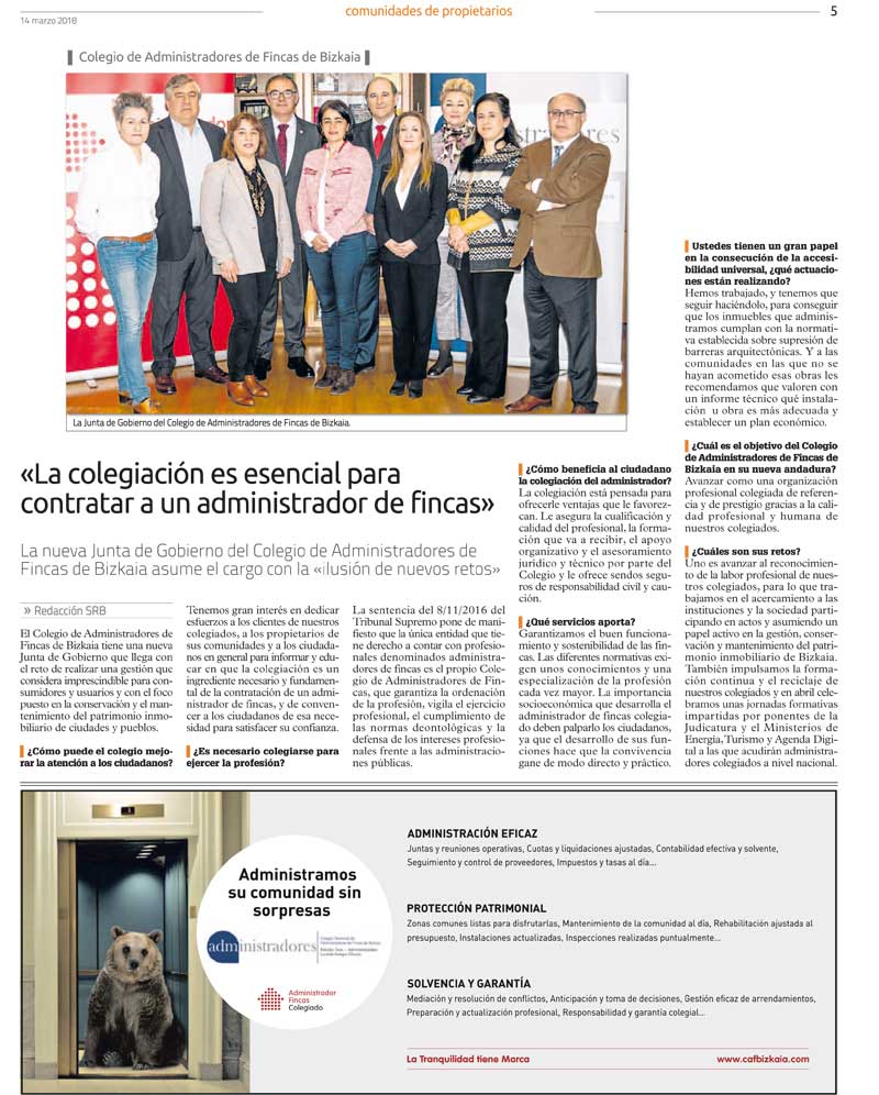 Noticia del Colegio de Administradores de Bizkaia