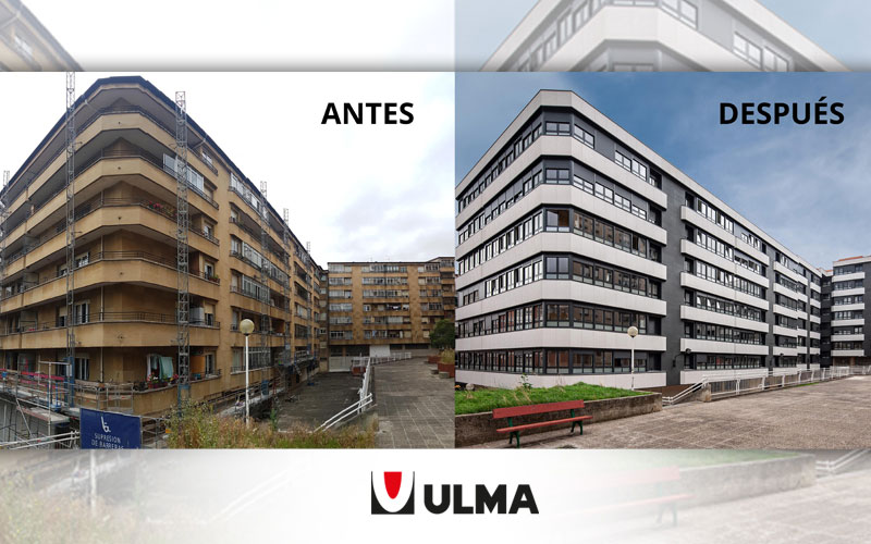 Antes y después de la rehabilitación de la fachada realizada por Ulma